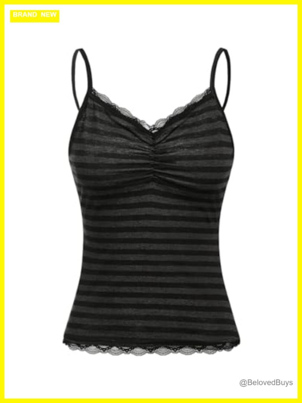 Women's Striped Lace Trim V-Neck Spaghetti Strap Ruched Slim Fit Camisole